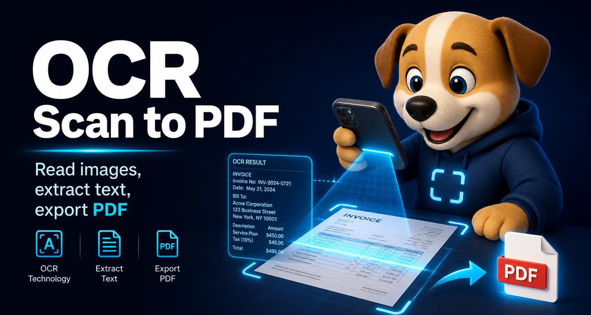 Jarvis AI mascot scanning an invoice with a phone and exporting a PDF