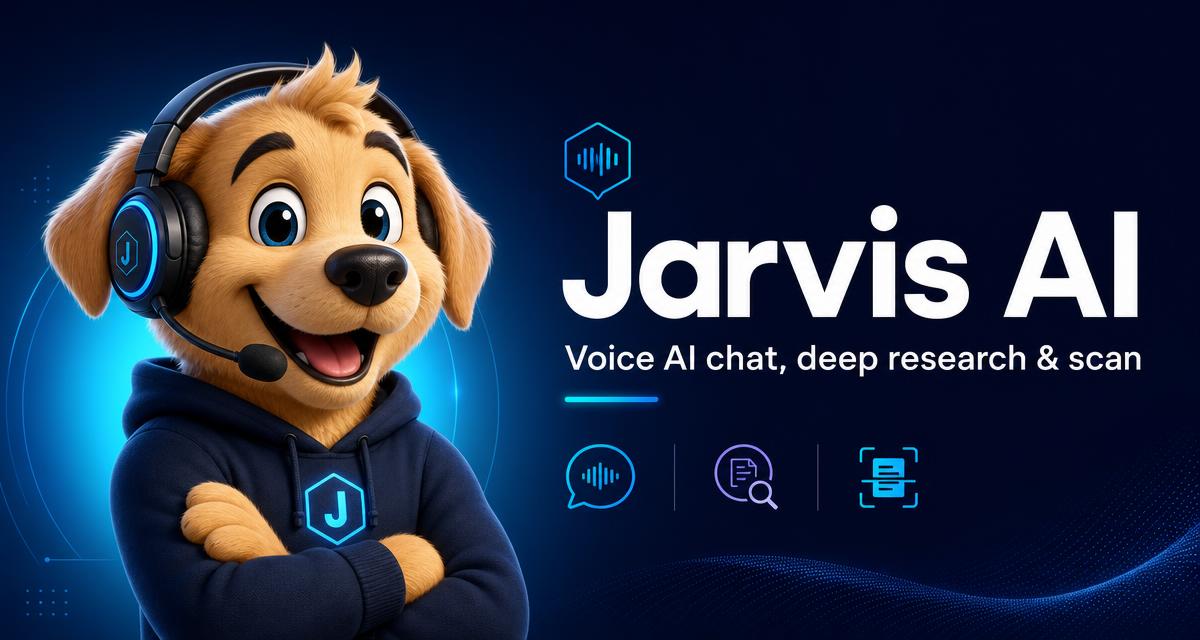 Jarvis AI mascot with headset beside the Jarvis AI wordmark