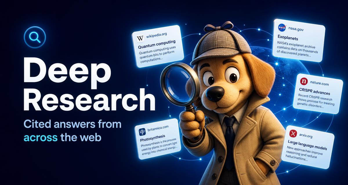 Jarvis AI detective mascot with a magnifying glass and source cards