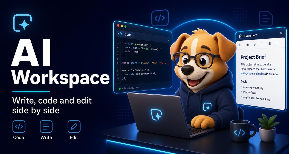 Jarvis AI mascot at a laptop with code and document panels